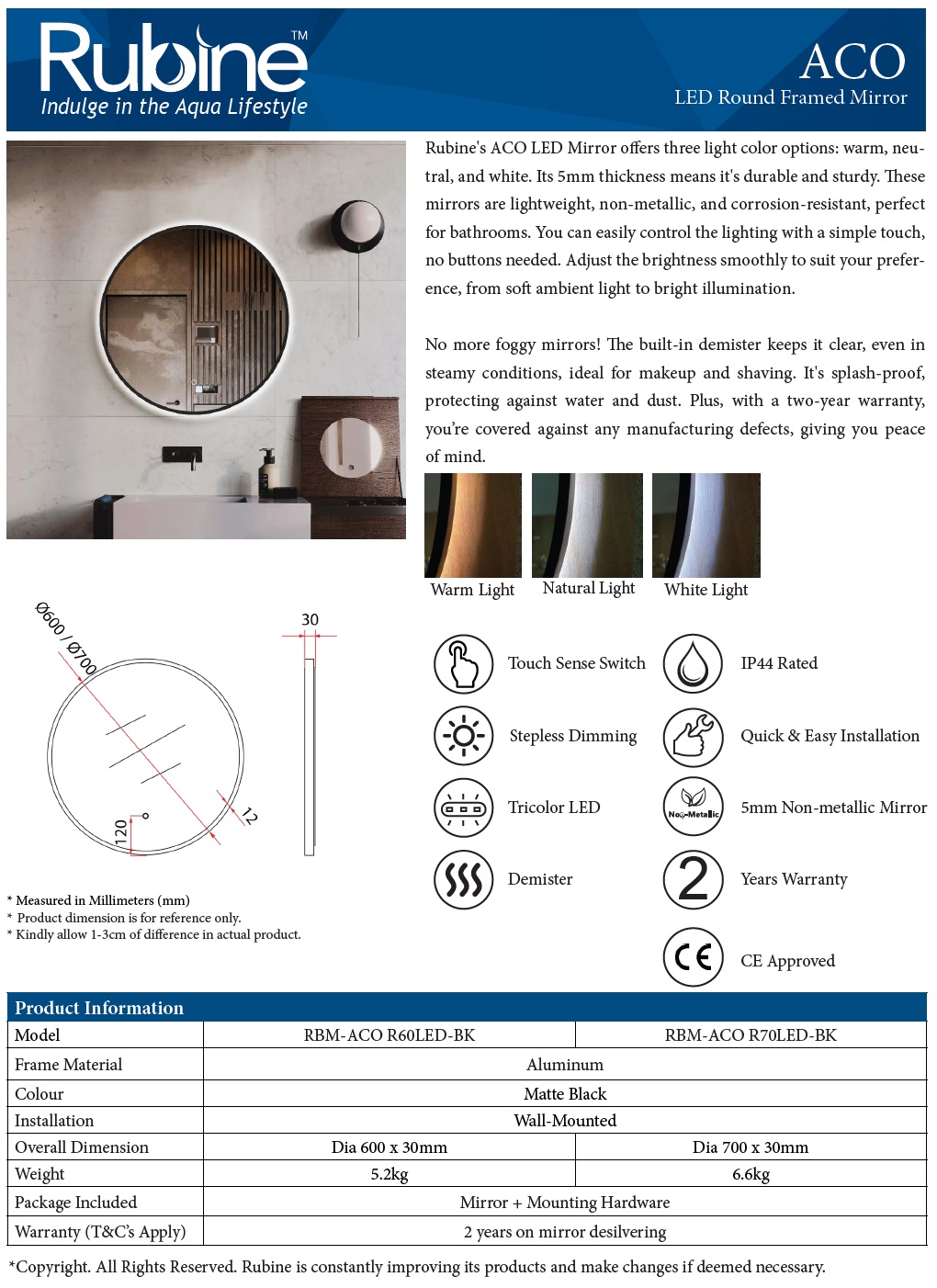 RUBINE RBM-ACO-R60LED-BK Wall Mirror With LED Light
