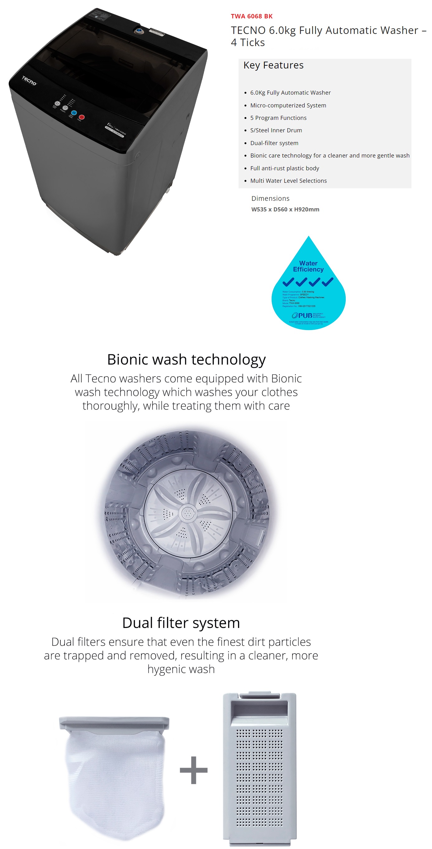 TECNO 6Kg Fully Automatic Washer TWA 6068 BK