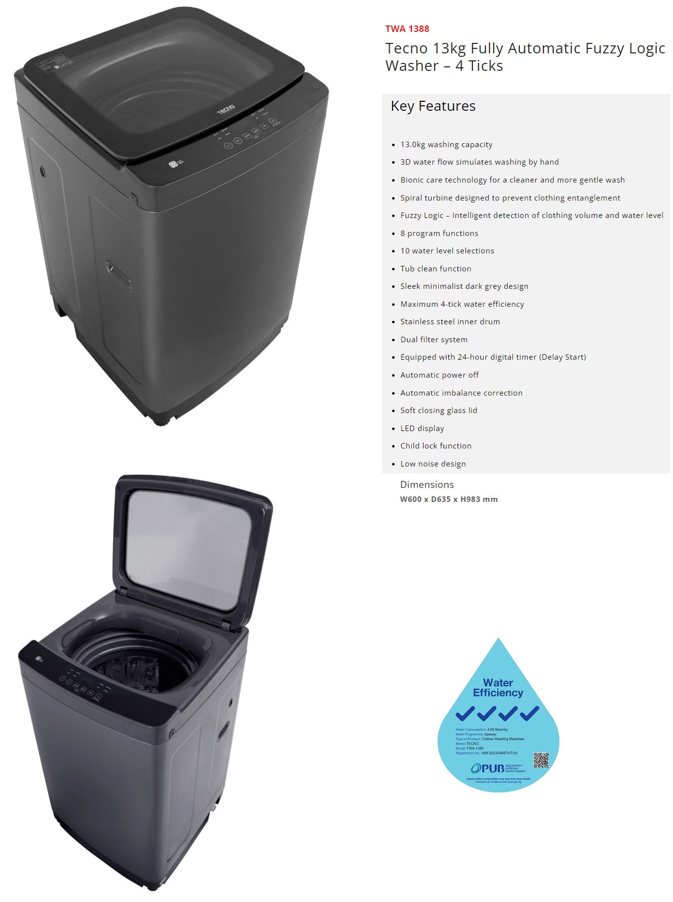 TECNO 13Kg Fully Automatic Washer TWA 1388