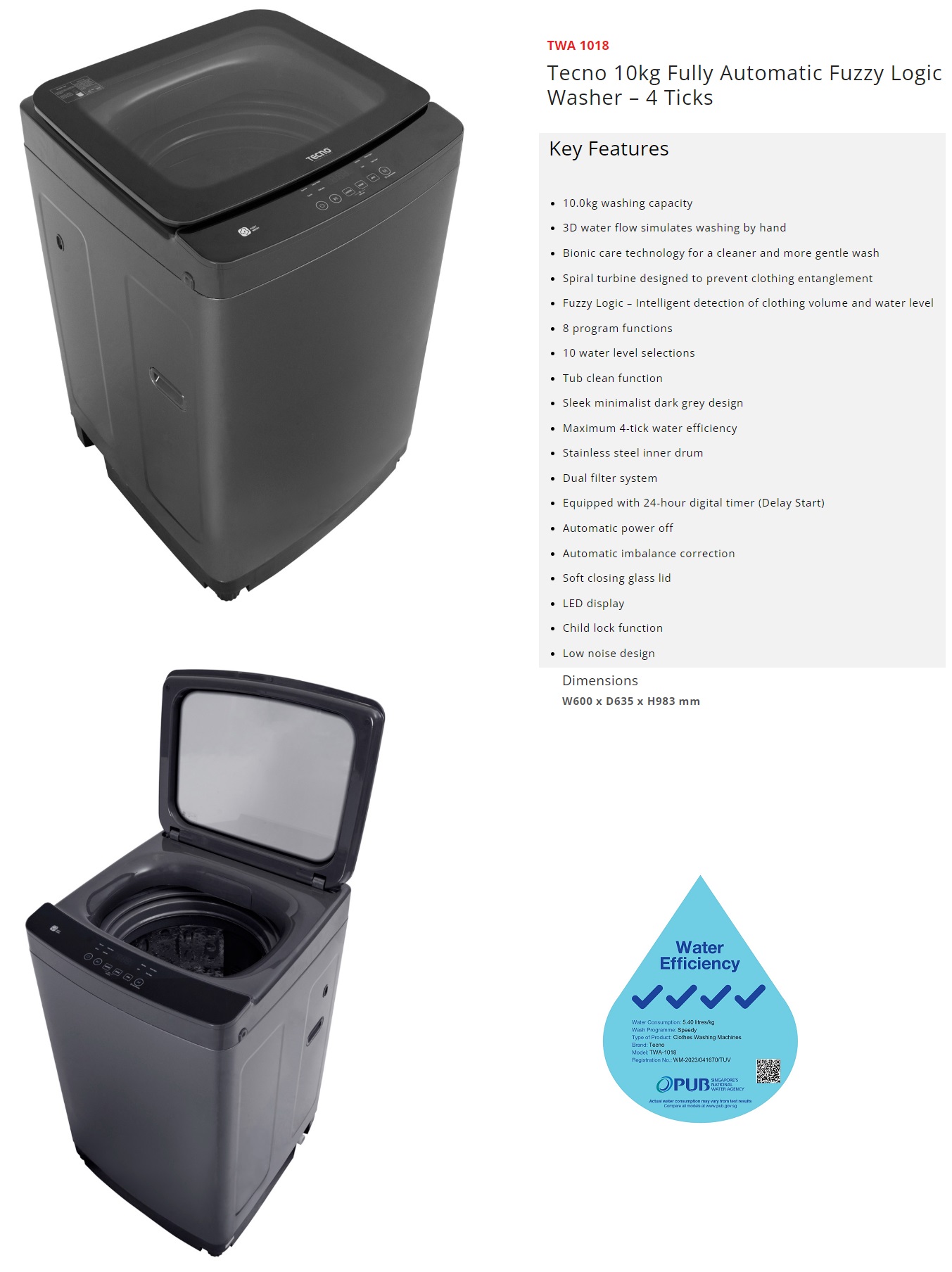 TECNO 10Kg Fully Automatic Washer TWA 1018