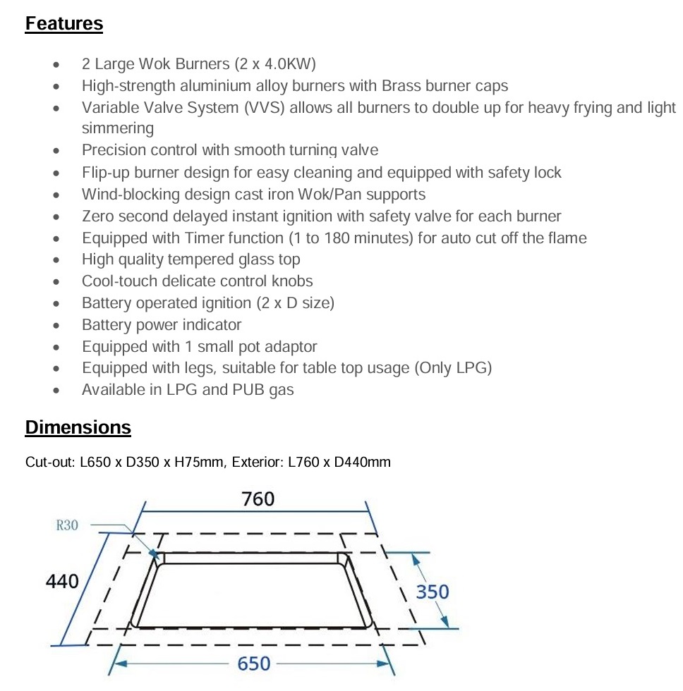 TECNO Glass Hob With Flip-Up Burners & Timer T 762FLIP-T