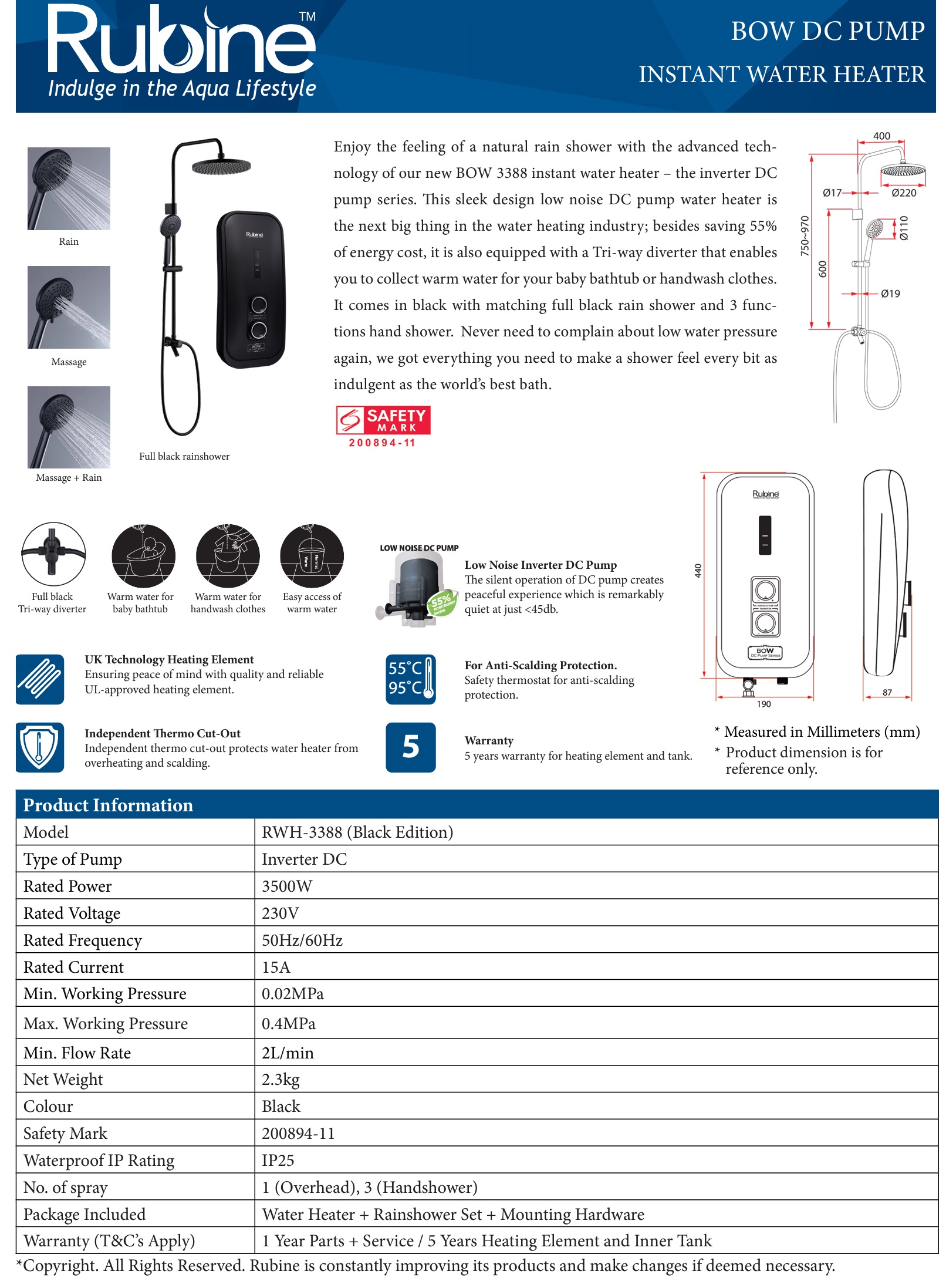 RUBINE Instant Water Heater With Rain Shower Column - RWH-3388BHP - Full Black