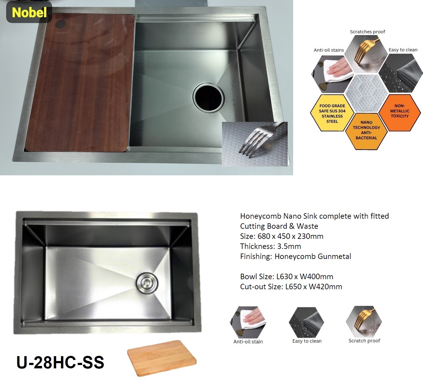 NOBEL Stainless Steel Nano+ Honey Comb Kitchen Sink U-28HC-SS