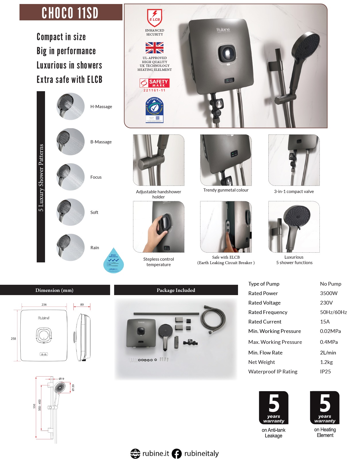 RUBINE Electric Instant Water Heater CHOCO 11SD-GM