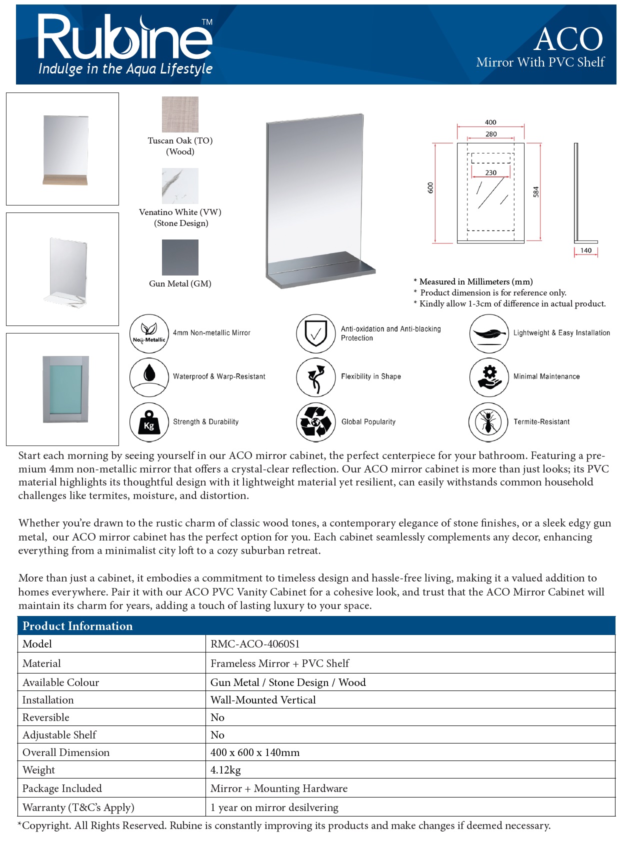 RUBINE PVC Wall Mirror With Shelf RMC-ACO-4060S1