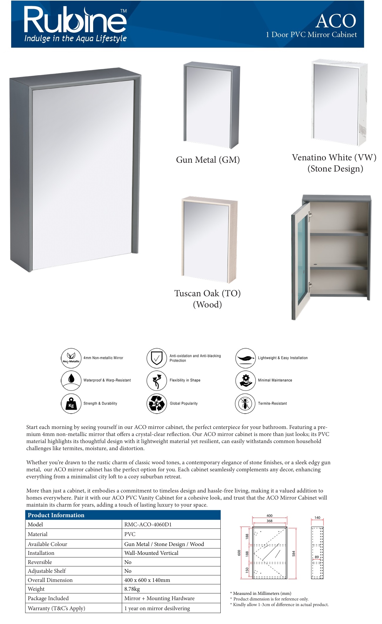 RUBINE PVC Mirror Cabinet RMC-ACO-4060D1