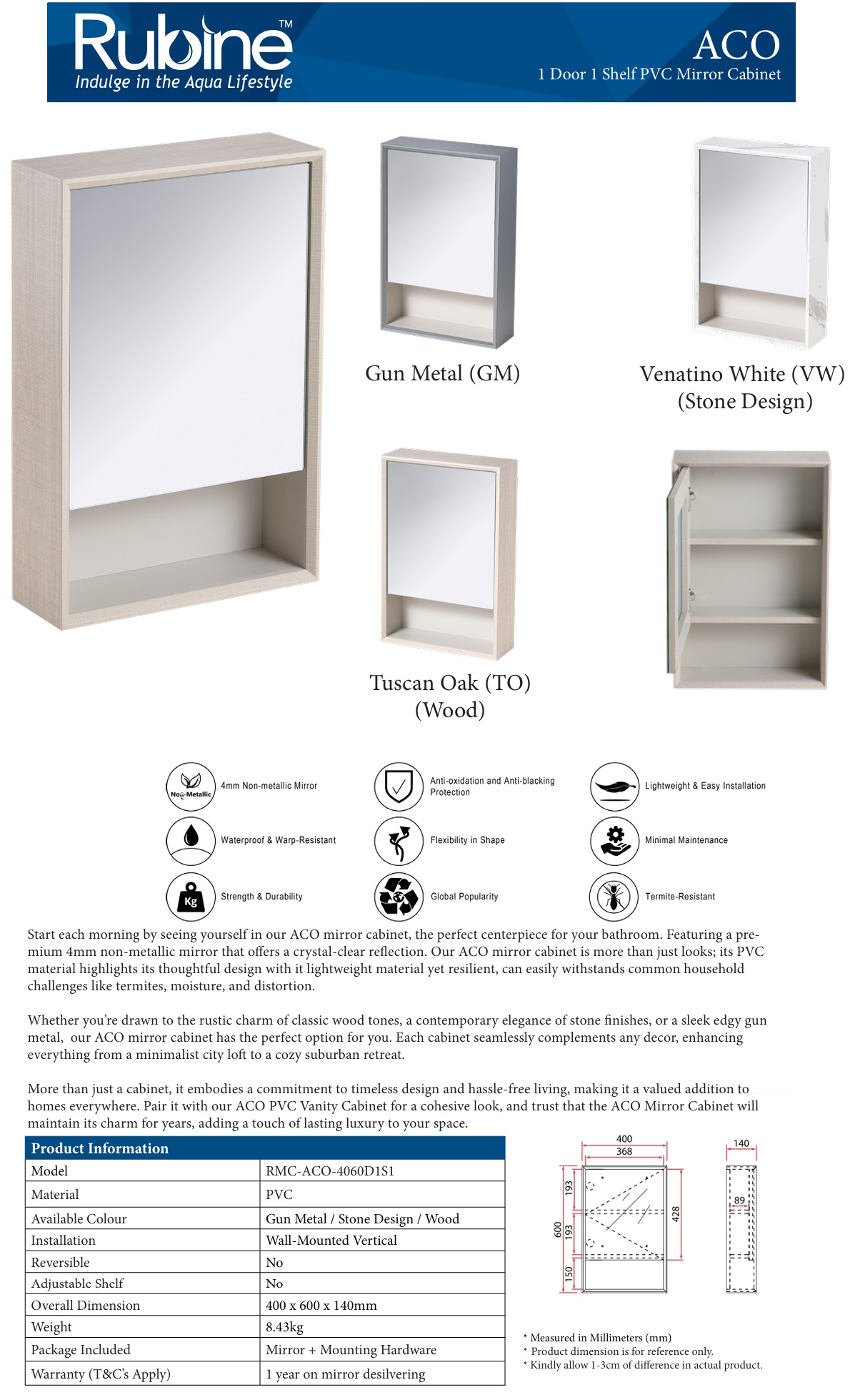 RUBINE PVC Mirror Cabinet RMC-ACO-4060D1S1