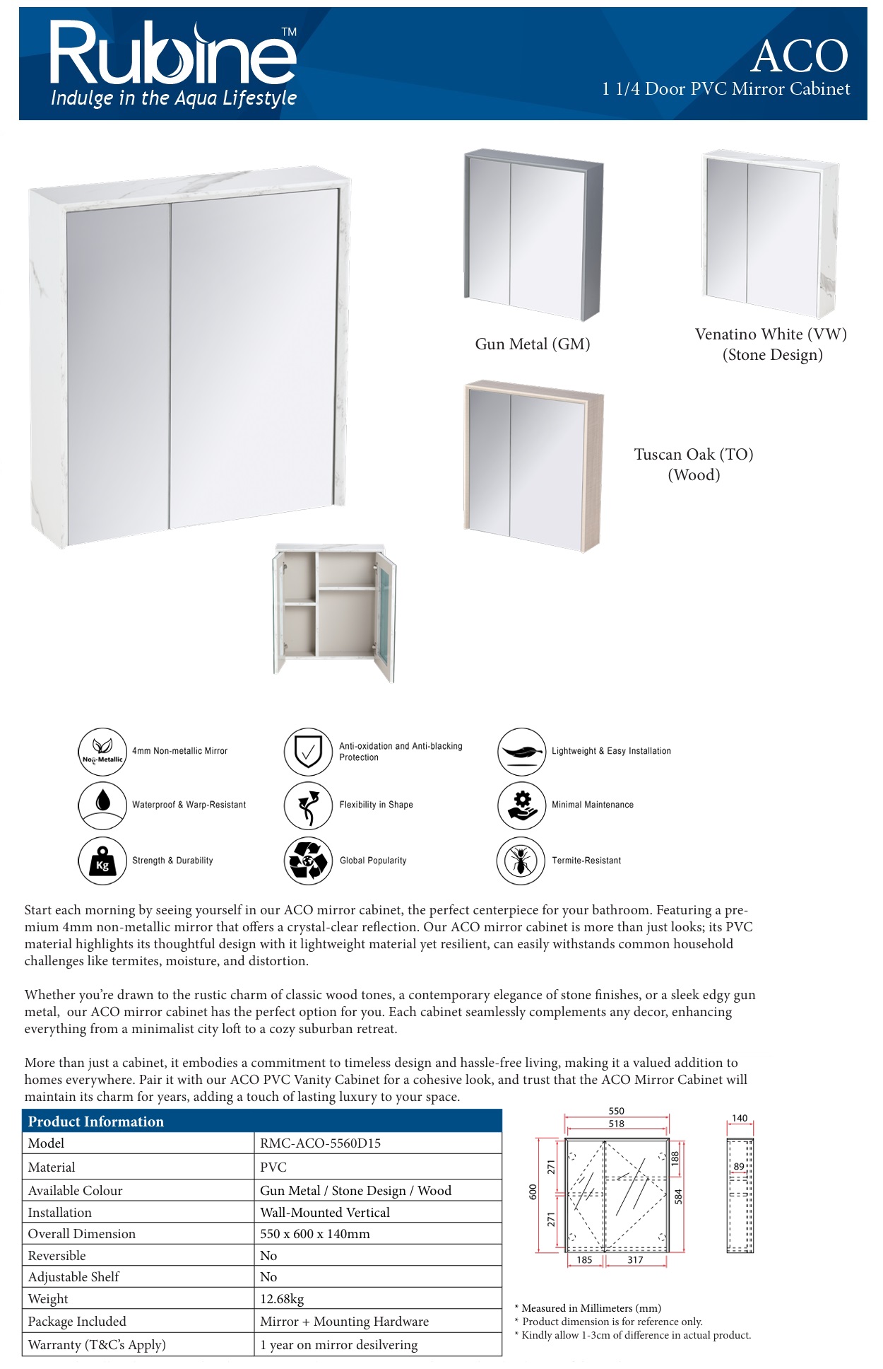 RUBINE 2 Doors PVC Mirror Cabinet RMC-ACO-5560D15