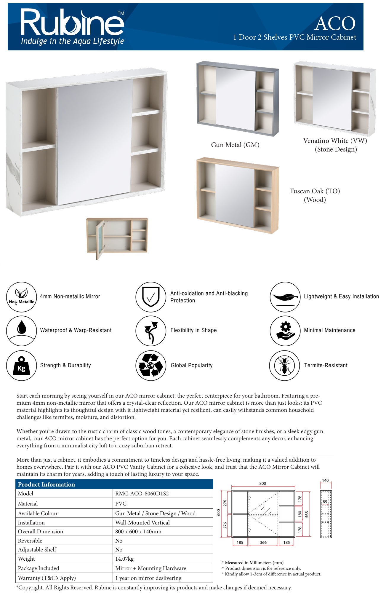 RUBINE PVC Mirror Cabinet RMC-ACO-8060D1S2
