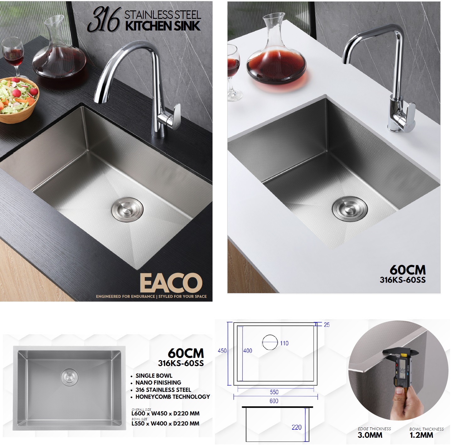 EACO 316 Stainless Steel Nano + Honey Comb Kitchen Sink - 316KS-60SS
