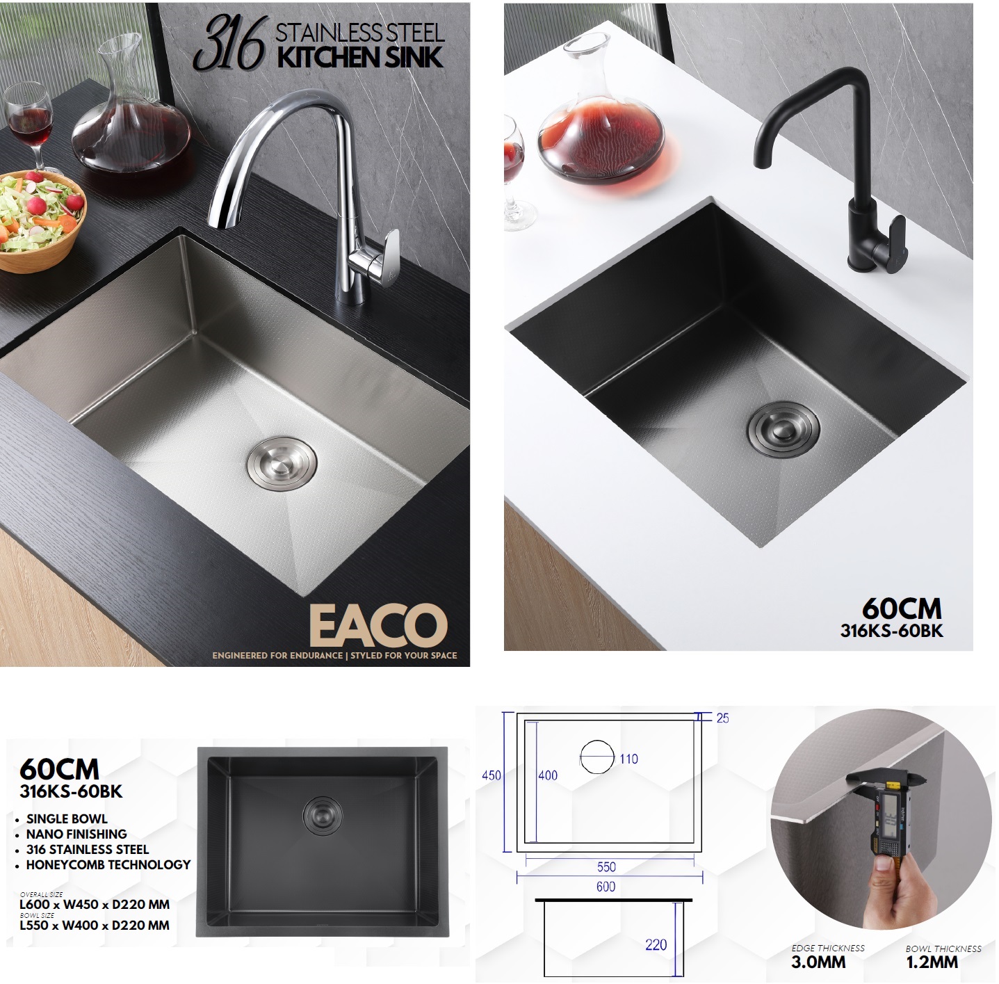 EACO 316 Stainless Steel Nano + Honey Comb Kitchen Sink - 316KS-60BK