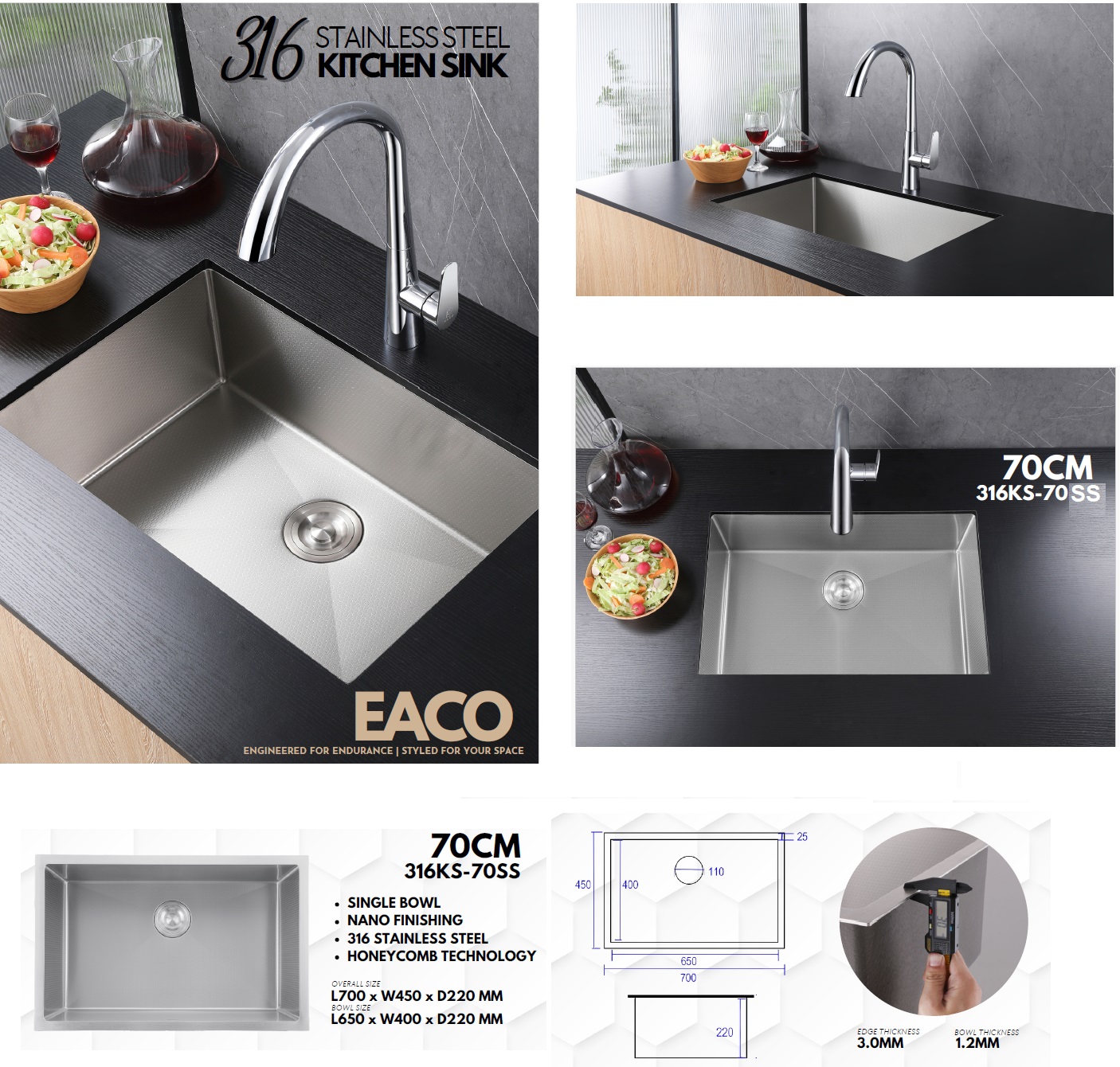 EACO 316 Stainless Steel Nano + Honey Comb Kitchen Sink - 316KS-70SS