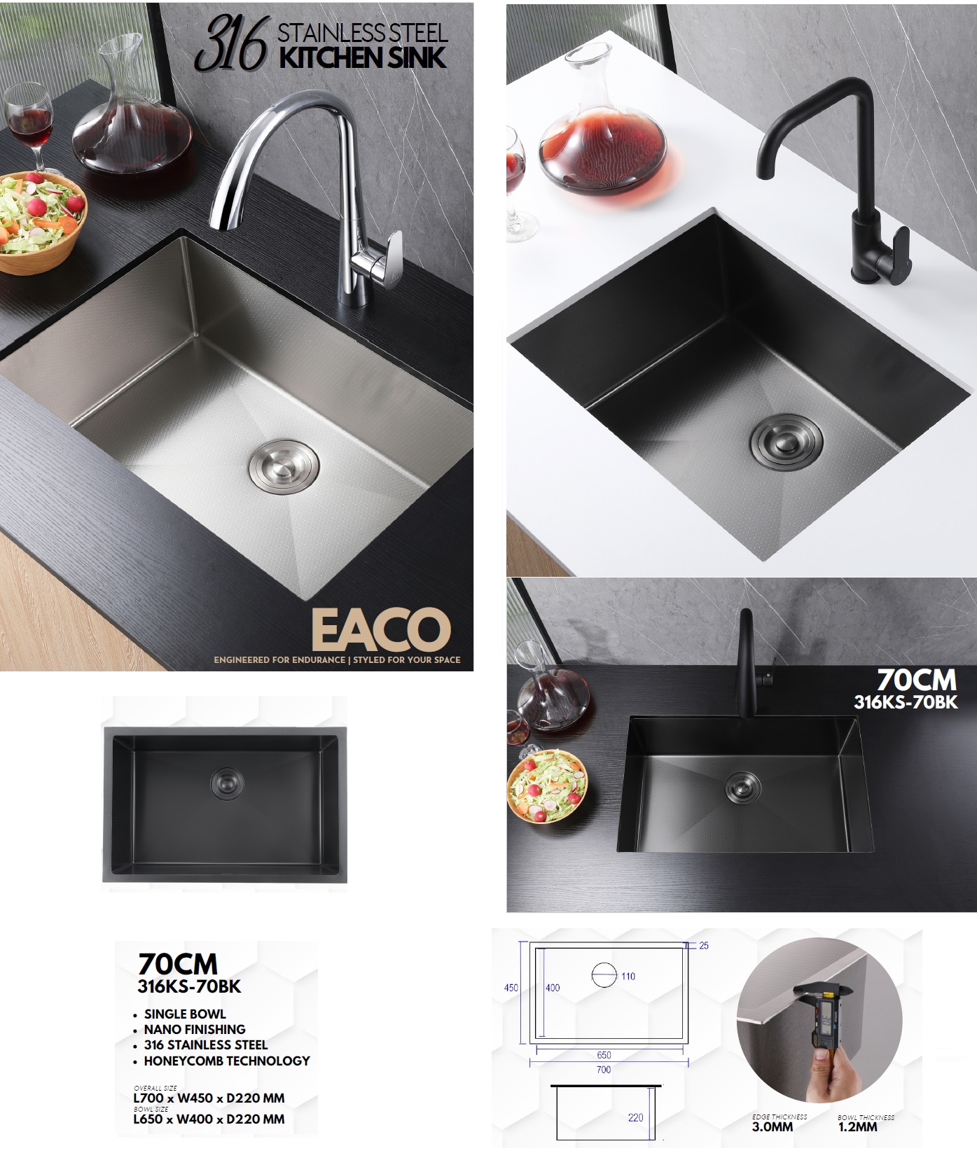 EACO 316 Stainless Steel Nano + Honey Comb Kitchen Sink - 316KS-70BK