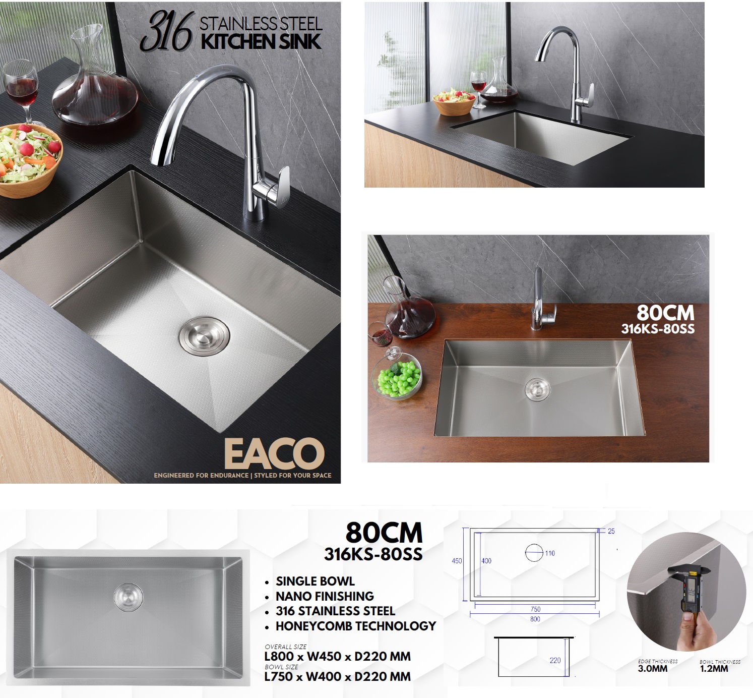 EACO 316 Stainless Steel Nano + Honey Comb Kitchen Sink - 316KS-80SS