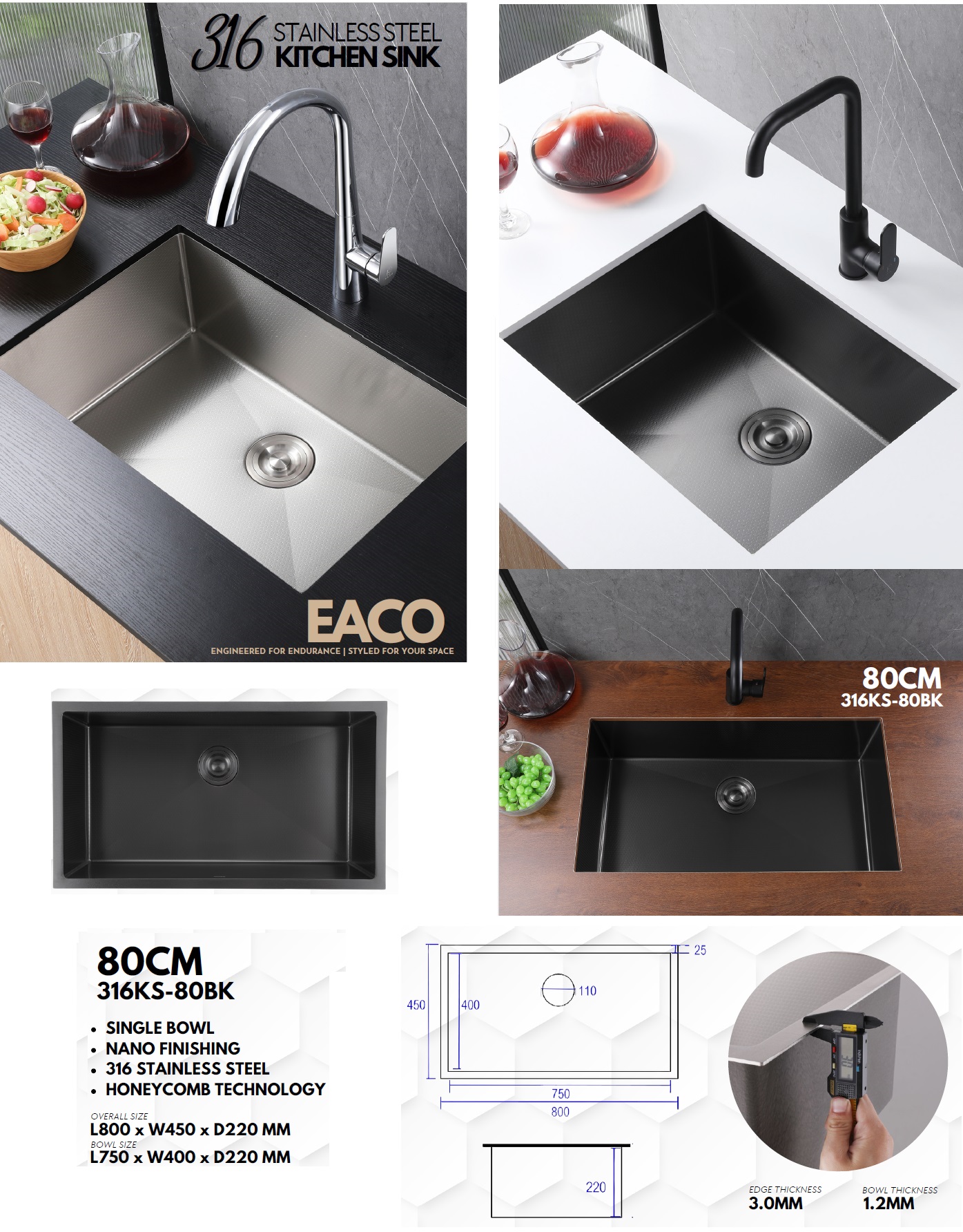 EACO 316 Stainless Steel Nano + Honey Comb Kitchen Sink - 316KS-80BK