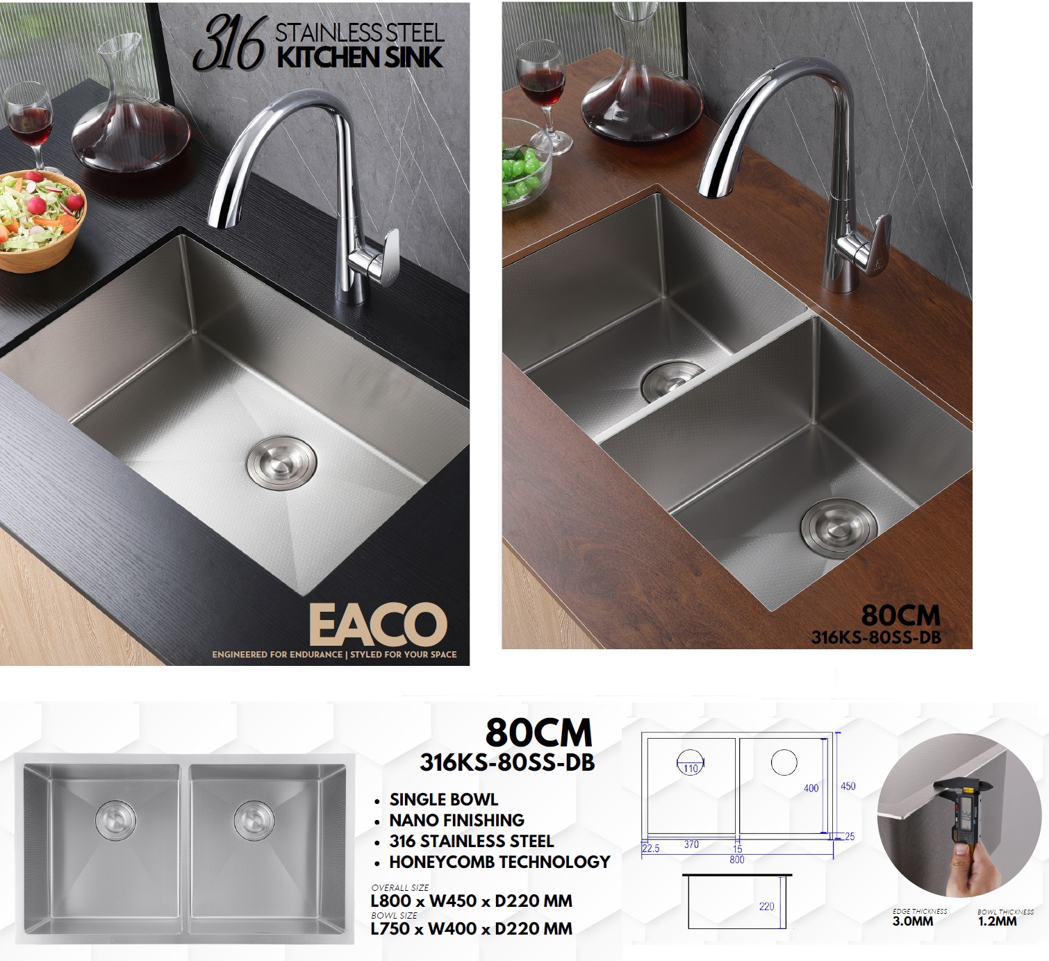 EACO 316 Stainless Steel Nano + Honey Comb Kitchen Sink - 316KS-80SS-DB