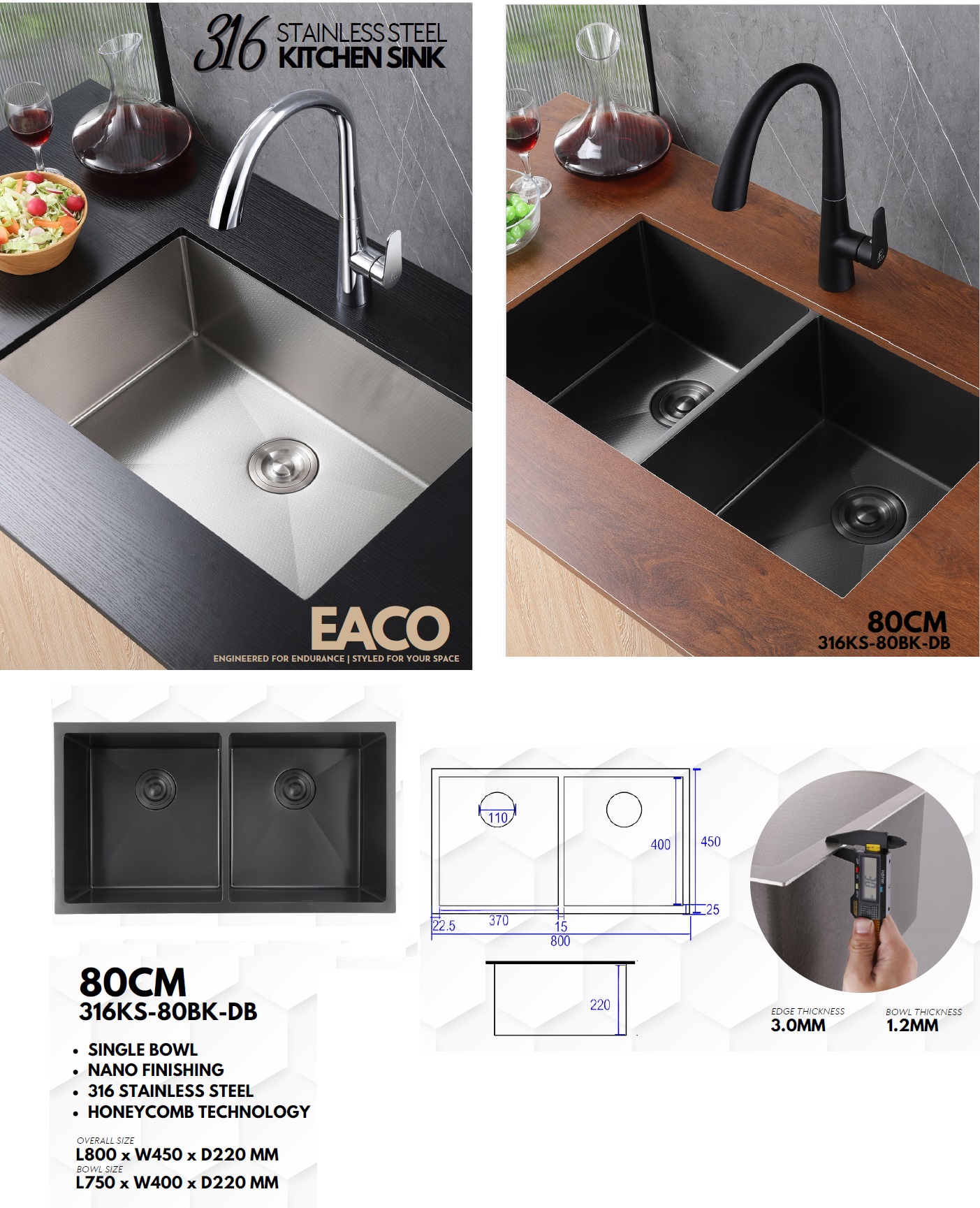EACO 316 Stainless Steel Nano + Honey Comb Kitchen Sink - 316KS-80BK-DB
