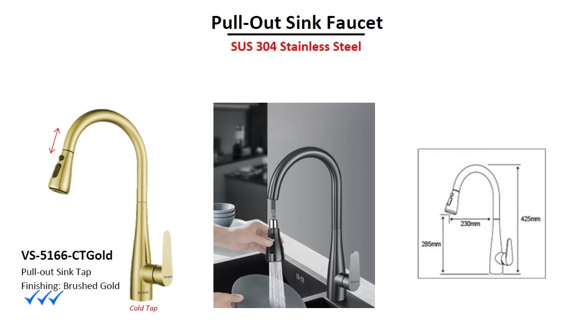NOBEL Stainless Steel Pull-Out Kitchen Sink Cold Water Tap VS-5166-CTGOLD