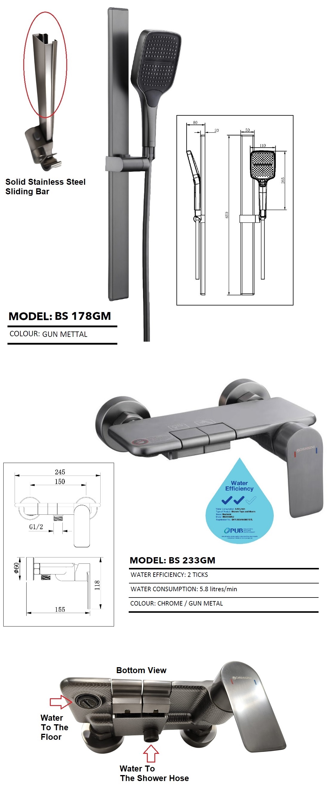 BOSHSINI Bathroom Shower Set Bundle With Bath Mixer BS-233GM PLUS