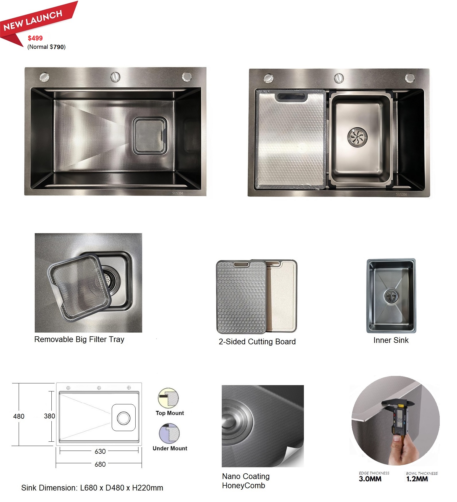Stainless Steel Workstation Kitchen Sink KS-6848NHC GM