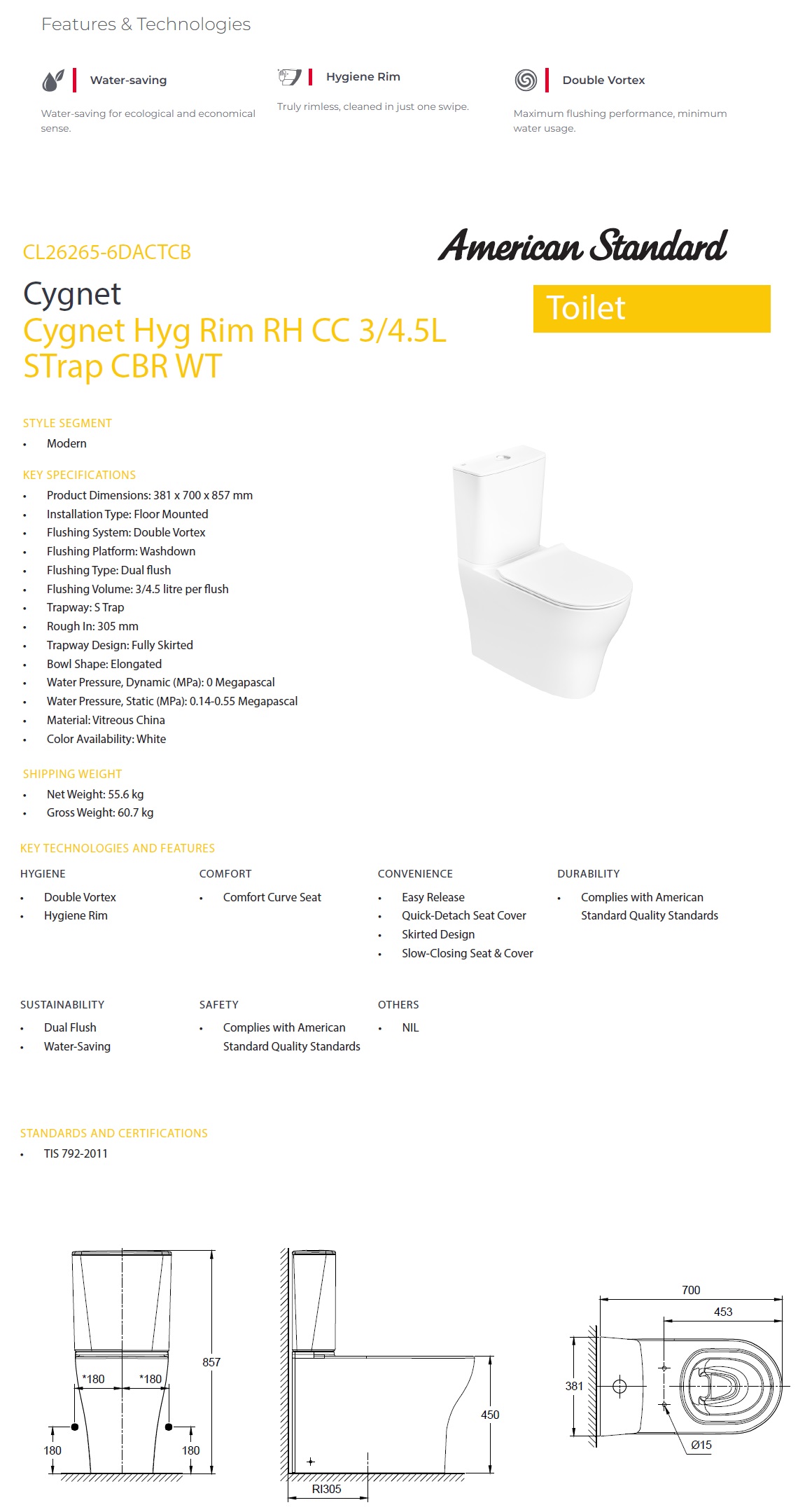 American Standard CL26265-6DACTCB Cygnet Raised Height Close Coupled Toilet Bowl
