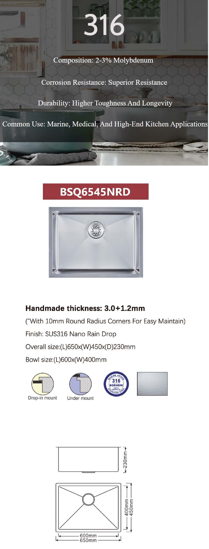 BOSHSINI 316 Stainless Steel Kitchen Sink BSQ 6545NRD