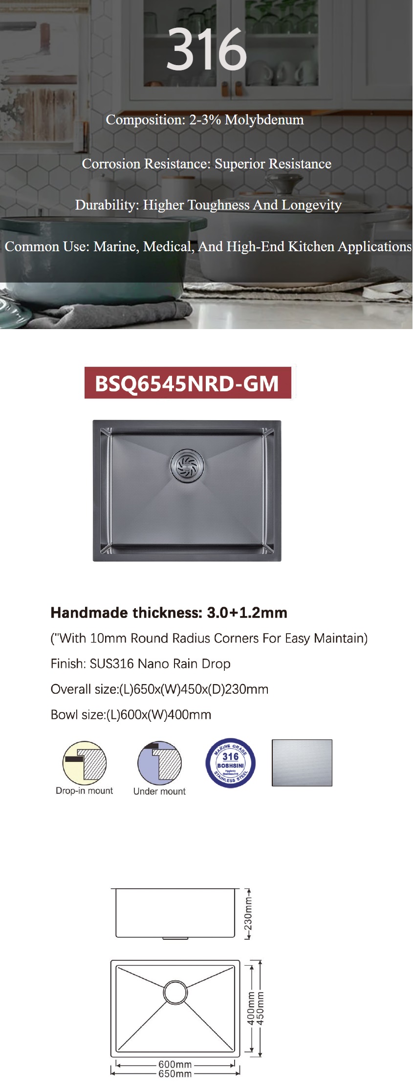 BOSHSINI 316 Stainless Steel Kitchen Sink BSQ 6545NRD-GM