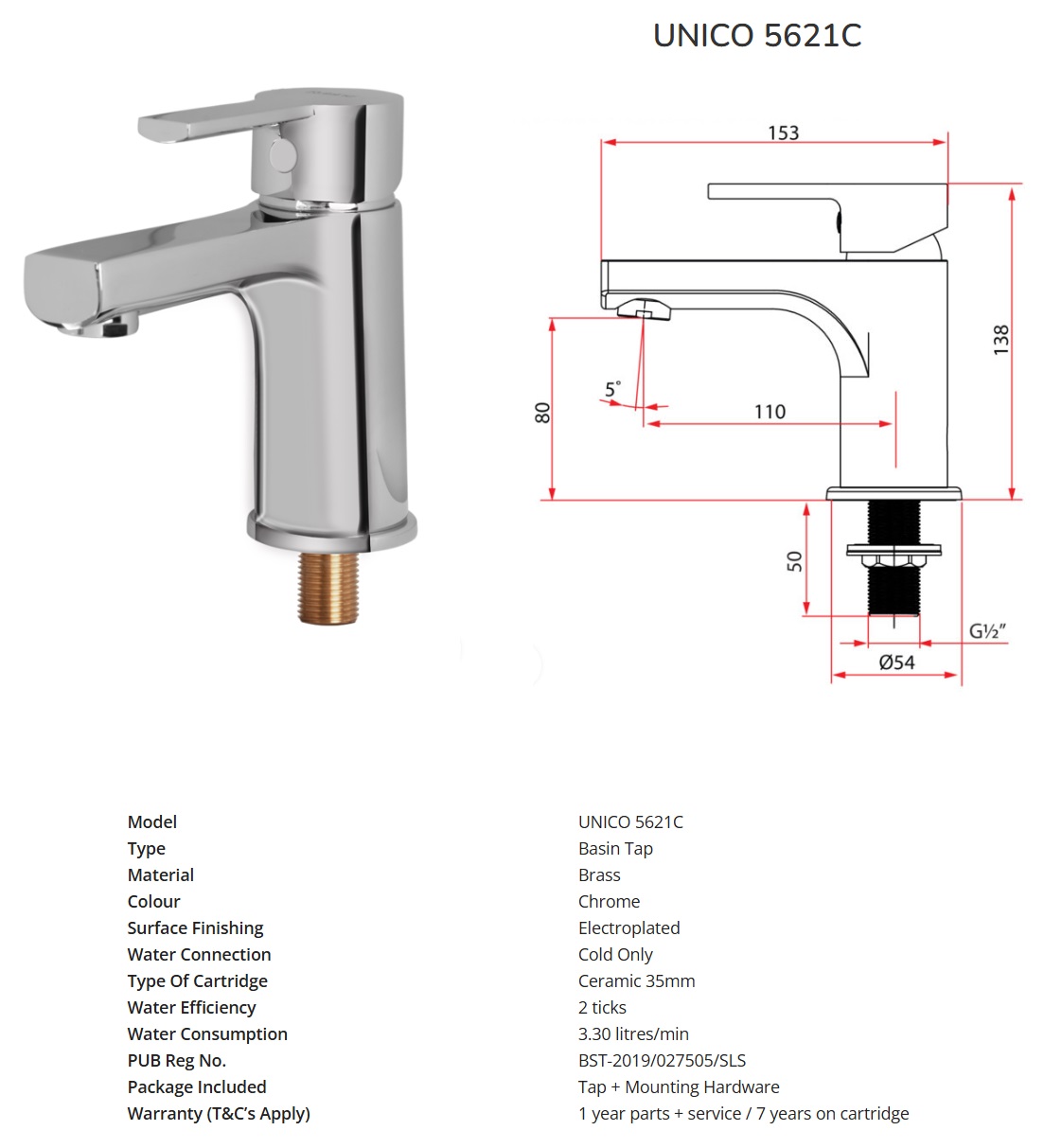 RUBINE Cold Water Basin Tap UNICO 5621C