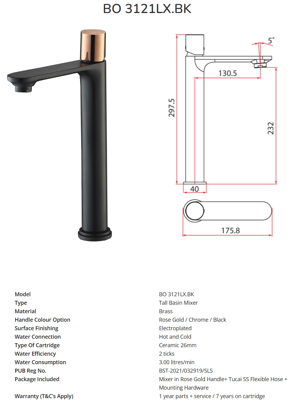 RUBINE Tall Basin Mixer Tap BO 3121LX BK