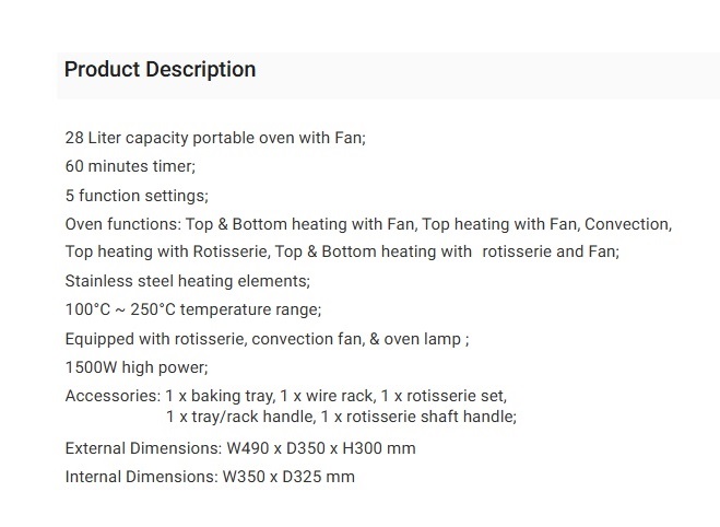 TECNO Portable Electric Oven TEO-2800