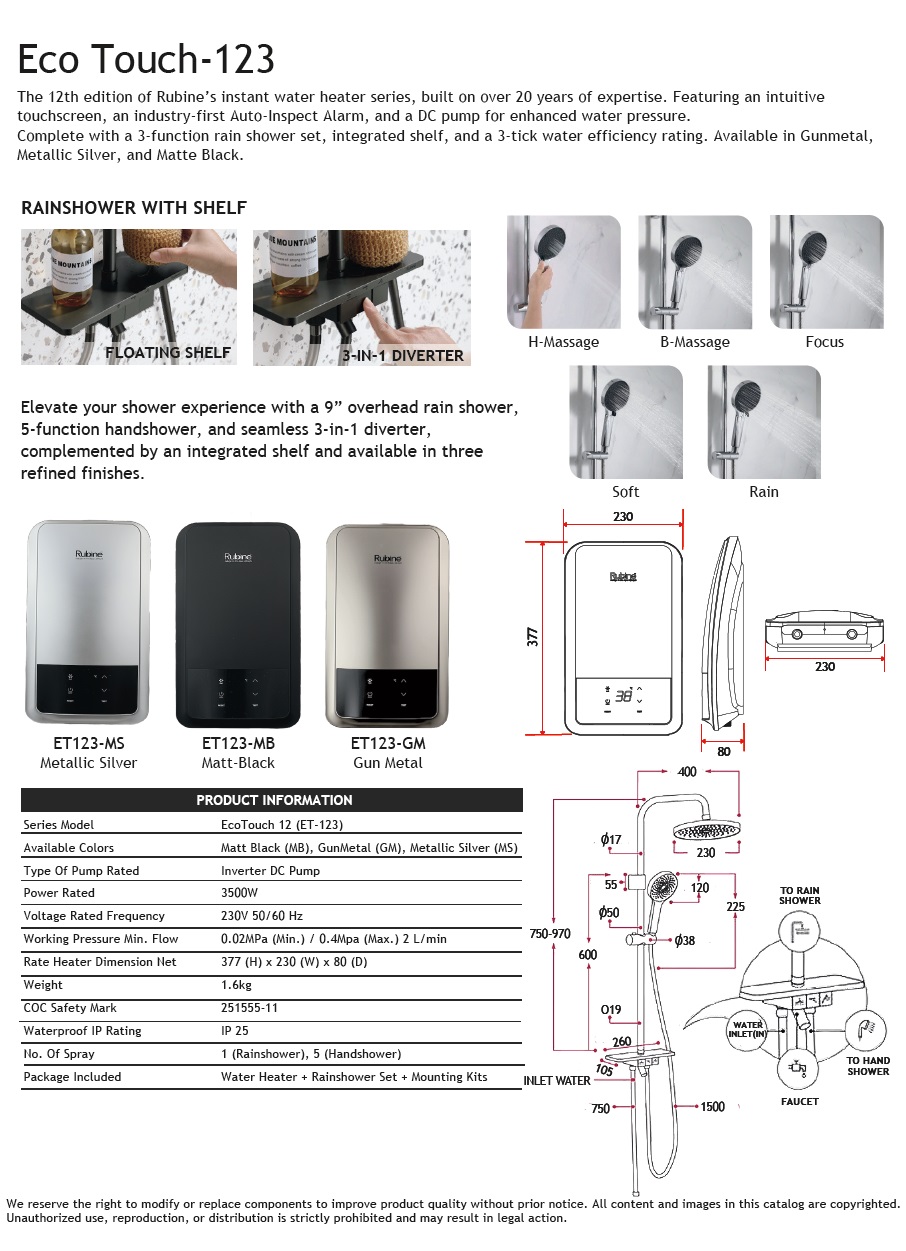 RUBINE ET-123 Instant Heater With Rain Shower