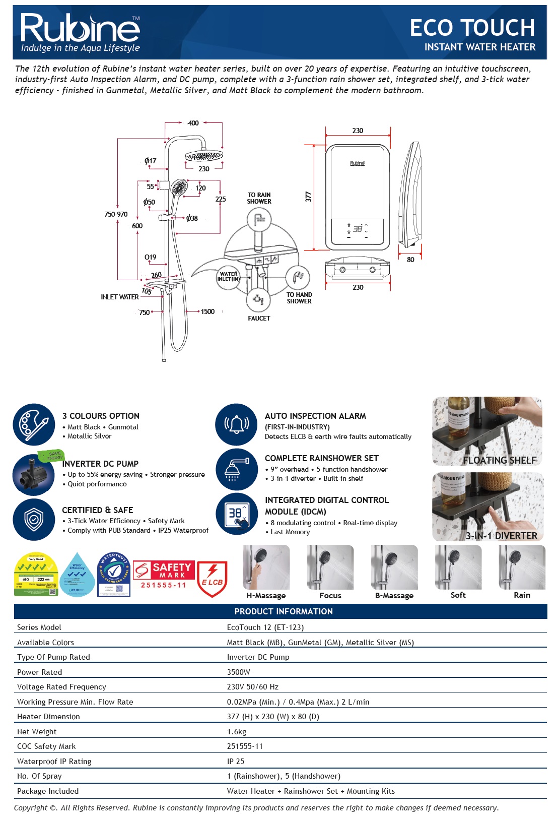 RUBINE ET-123 Instant Heater With Rain Shower